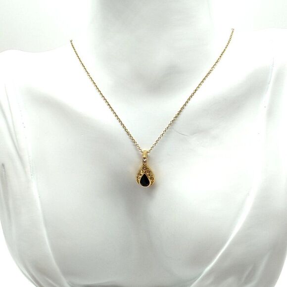 VTG ROMAN Black Rhinestone Teardrop Surrounded by Crystals Pendant Necklace Sign - Picture 7 of 16